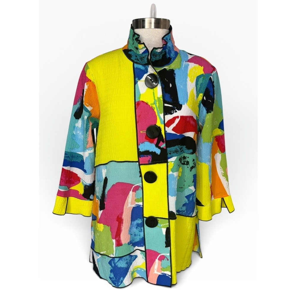 Ali Miles Abstract Print Jacket Colorblock Button Artsy Lagenlook Statement